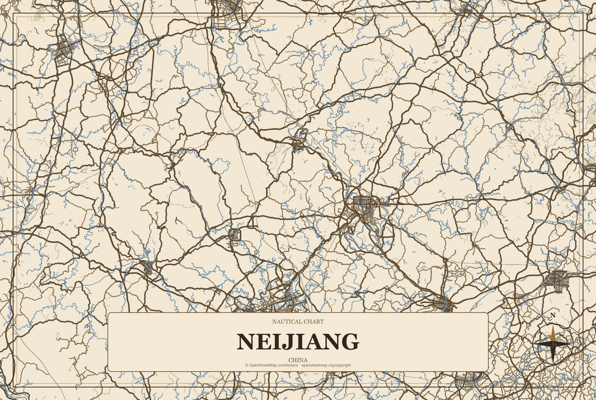 Neijiang, China City Map Aluminum Sign in Heritage Nautical style