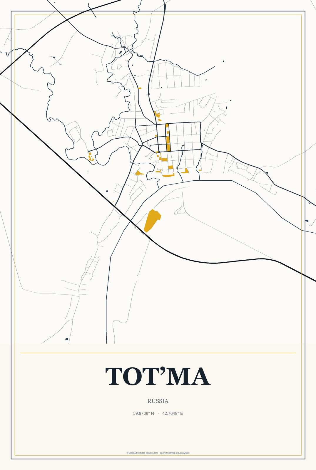 Tot’ma, Russia City Map Aluminum Sign in Citrine Modern style