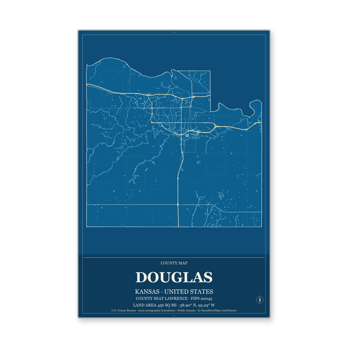 Douglas County, Kansas Map Aluminum Sign in Harbor Cobalt style