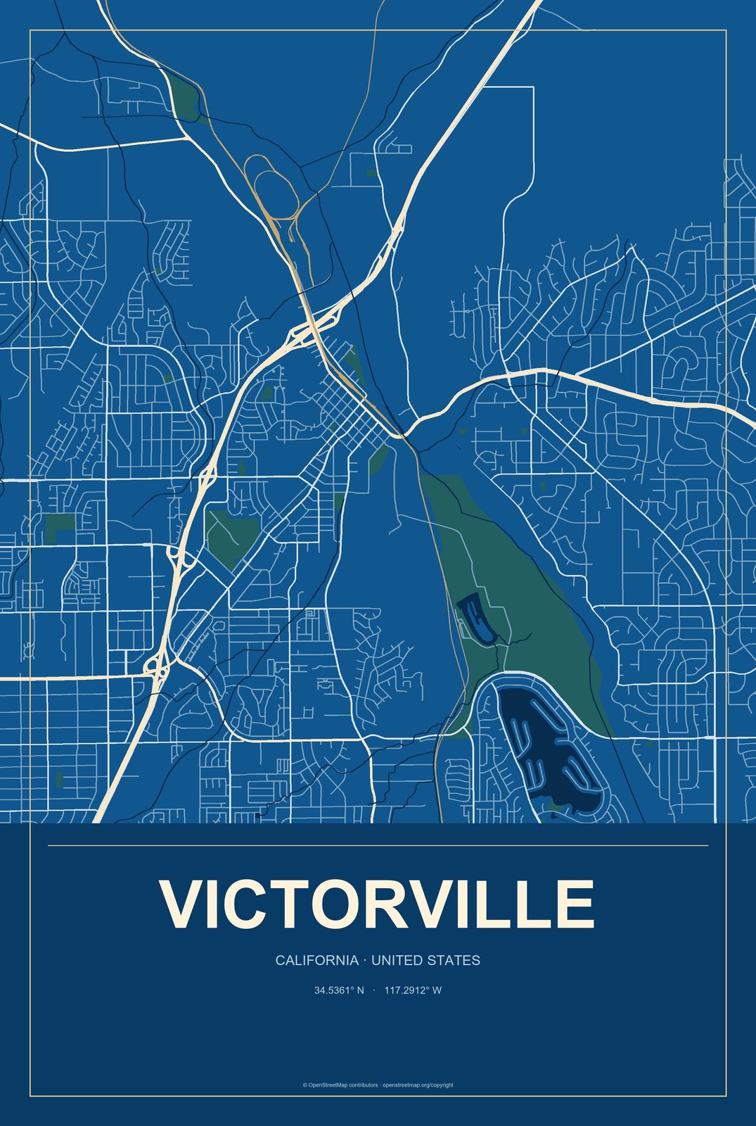 Victorville, California City Map Aluminum Sign in Harbor Cobalt style
