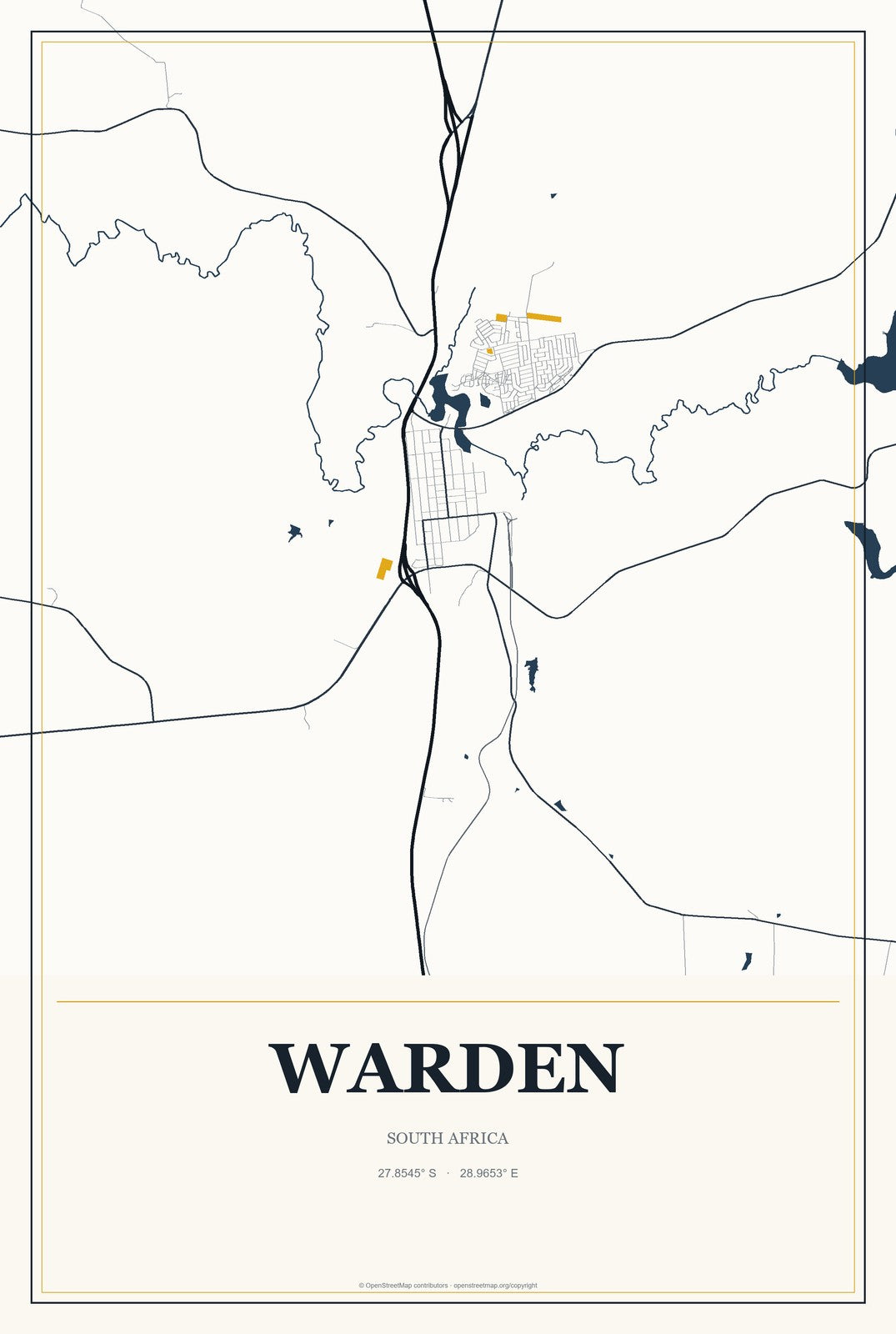 Warden, South Africa City Map Aluminum Sign in Citrine Modern style
