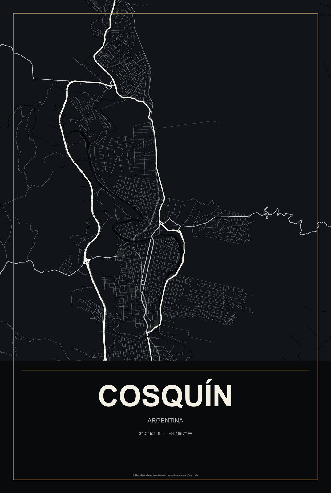 Cosquín, Argentina City Map Aluminum Sign in Metropolitan Noir style
