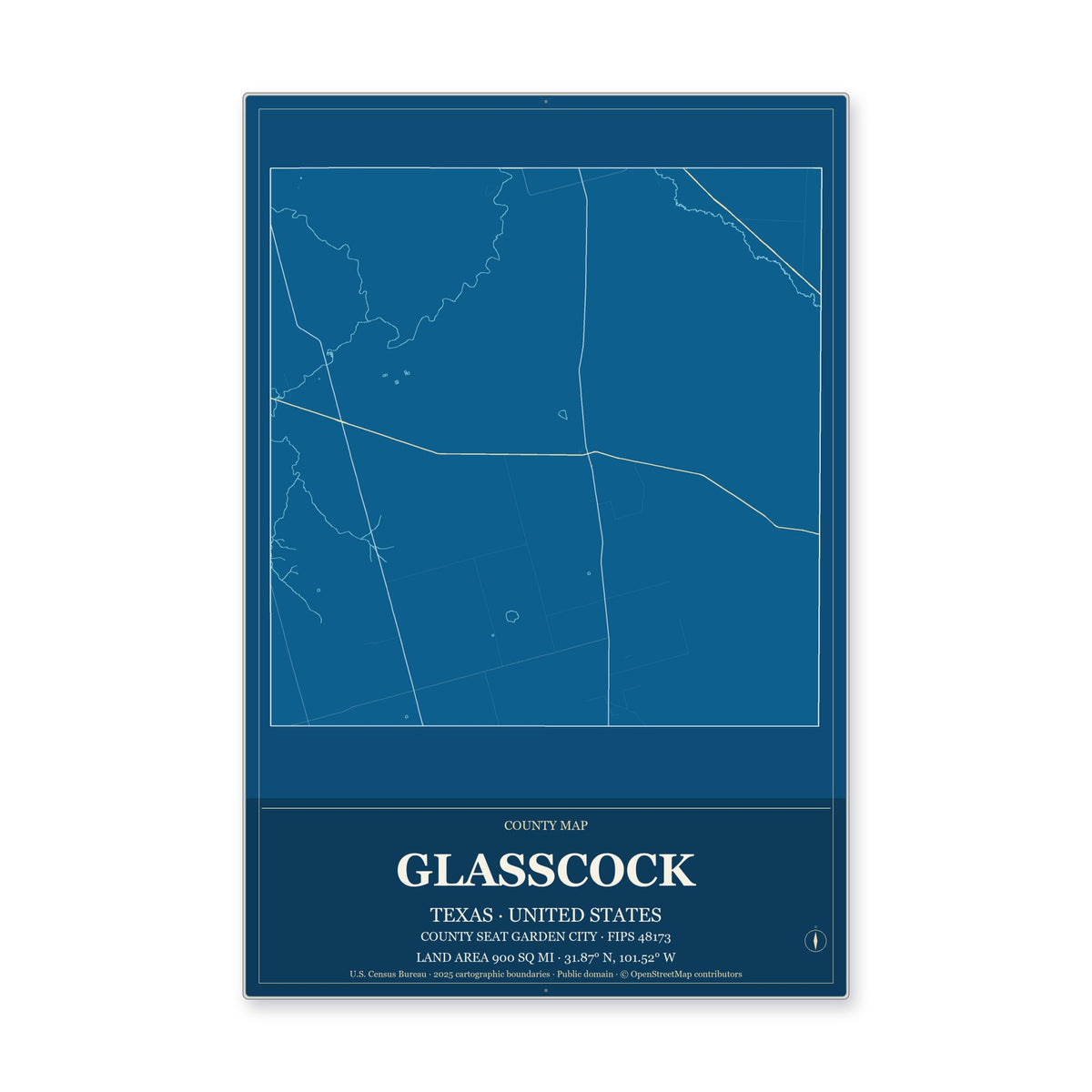 Glasscock County, Texas Map Aluminum Sign in Harbor Cobalt style