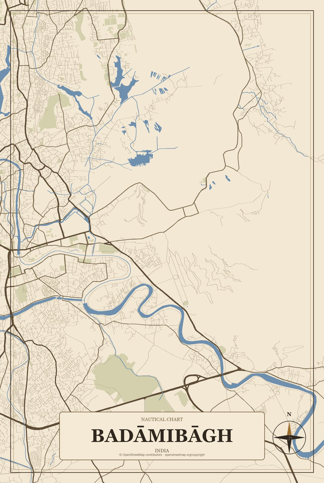 Badāmibāgh, India City Map Aluminum Sign in Heritage Nautical style