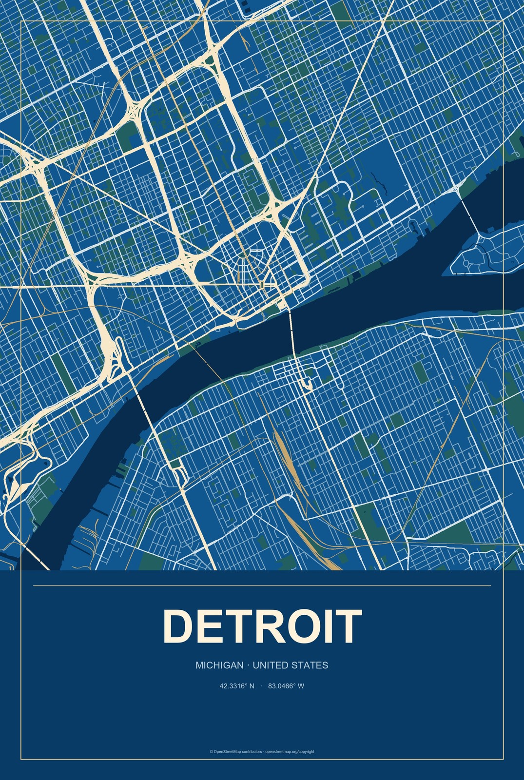 Detroit, Michigan City Map Aluminum Sign in Harbor Cobalt style