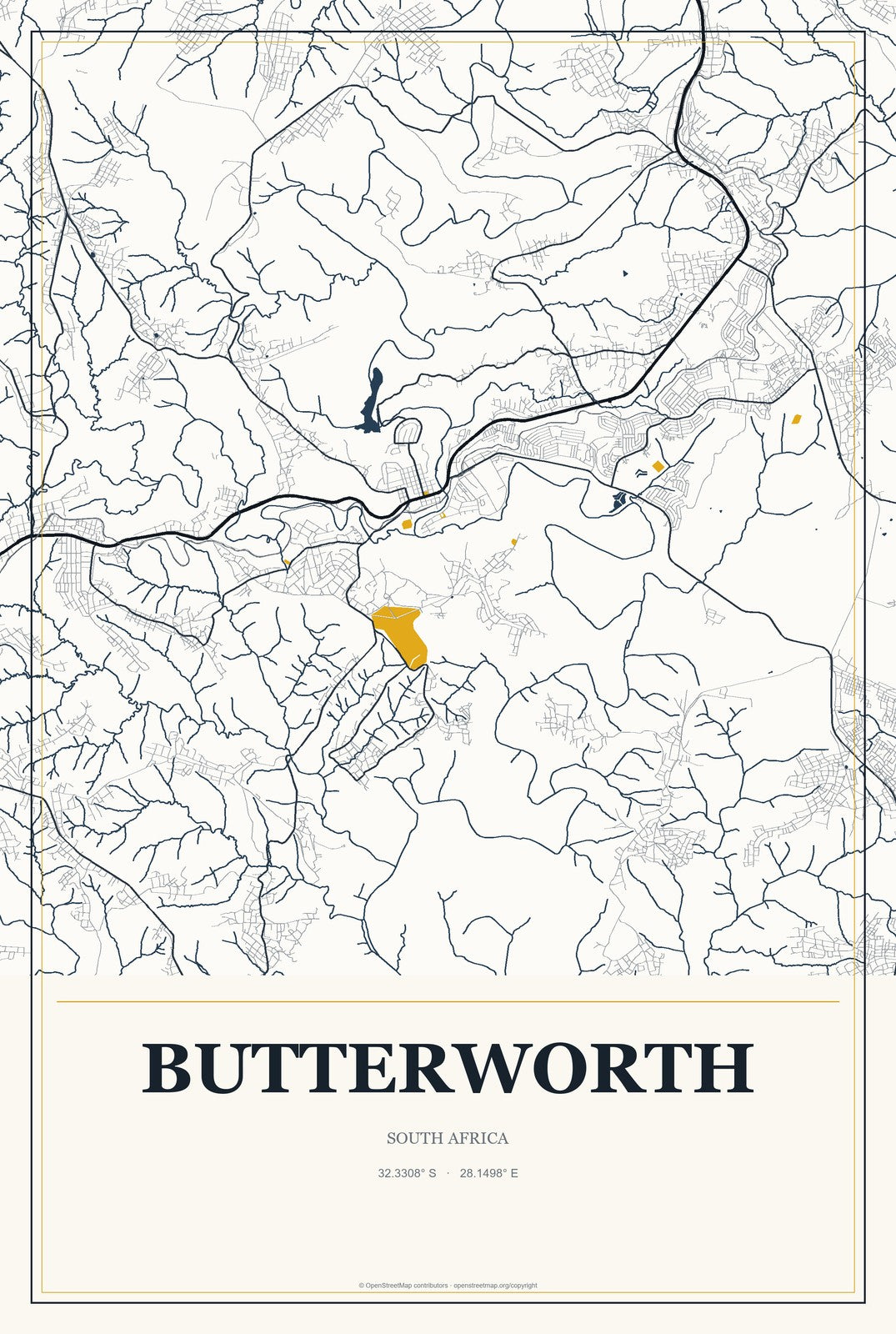 Butterworth, South Africa City Map Aluminum Sign in Citrine Modern style