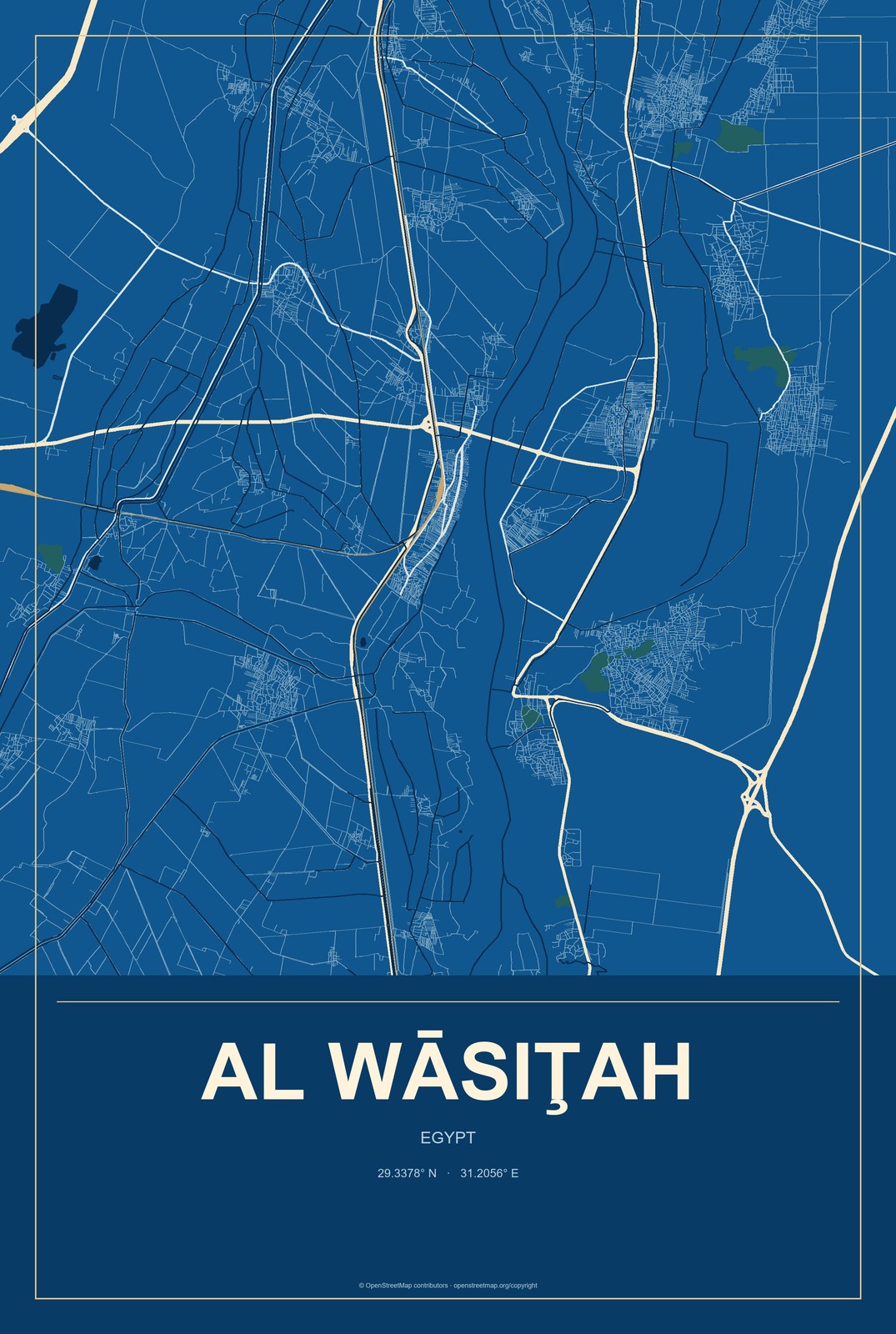 Al Wāsiţah, Egypt City Map Aluminum Sign in Harbor Cobalt style