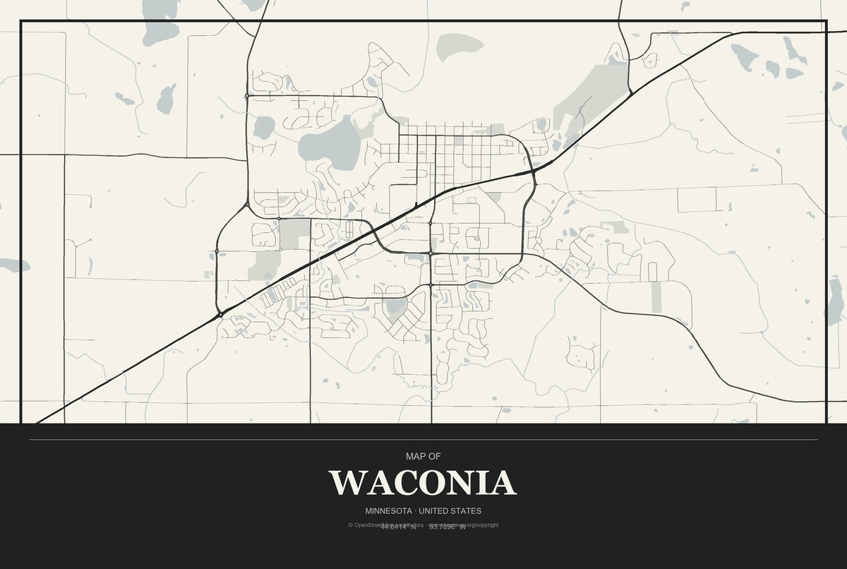 Waconia, Minnesota City Map Aluminum Sign in Museum Plaque style