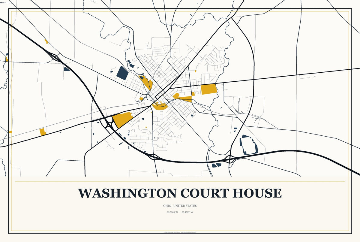 Washington Court House, Ohio City Map Aluminum Sign in Citrine Modern style