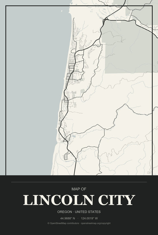 Lincoln City, Oregon City Map Aluminum Sign in Museum Plaque style
