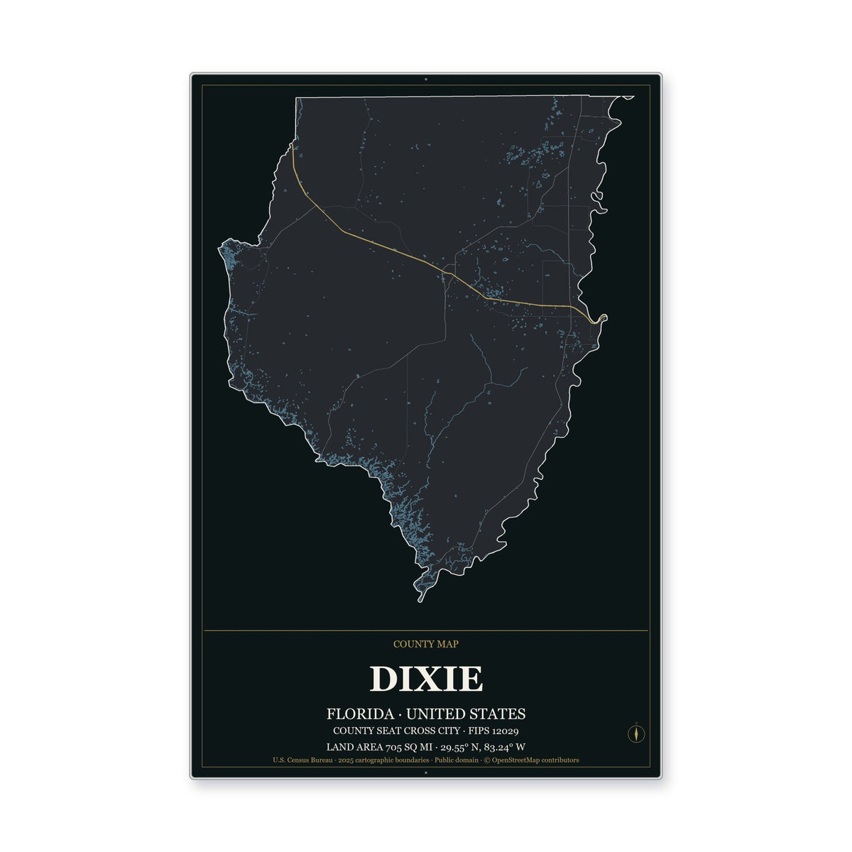 Dixie County, Florida Map Aluminum Sign in Metropolitan Noir style