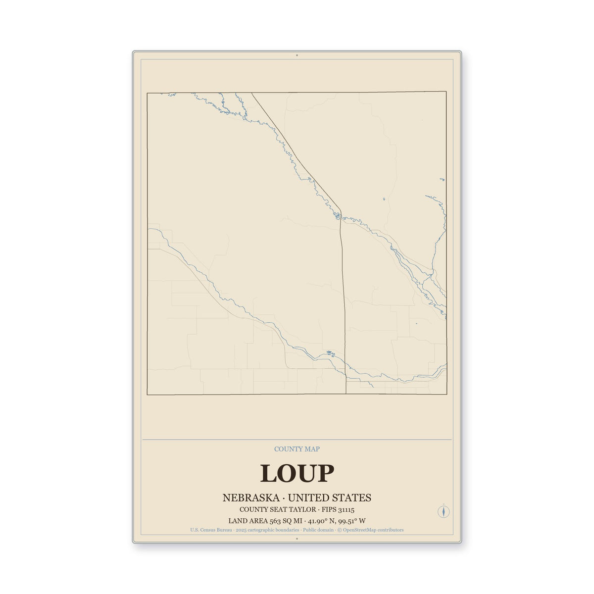 Loup County, Nebraska Map Aluminum Sign in Heritage Nautical style