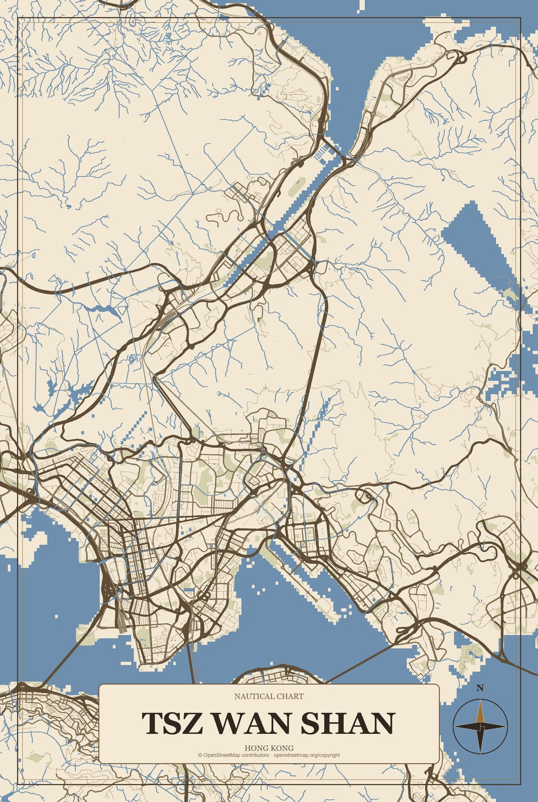 Tsz Wan Shan, Hong Kong City Map Aluminum Sign in Heritage Nautical style