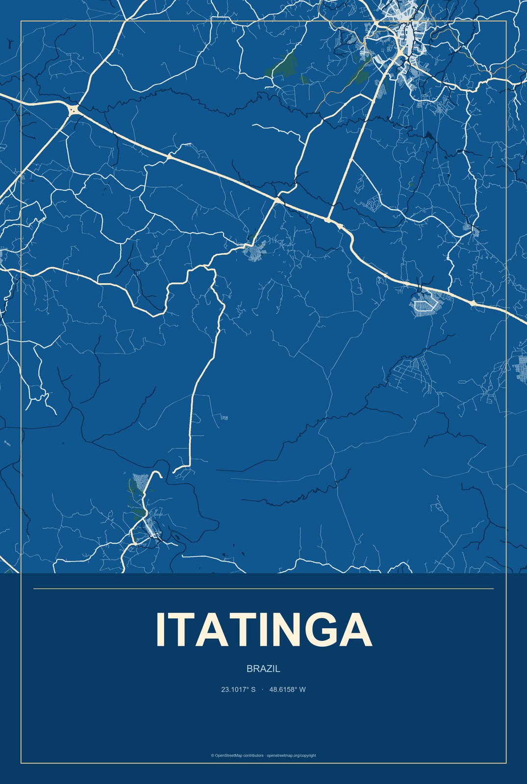 Itatinga, Brazil City Map Aluminum Sign in Harbor Cobalt style