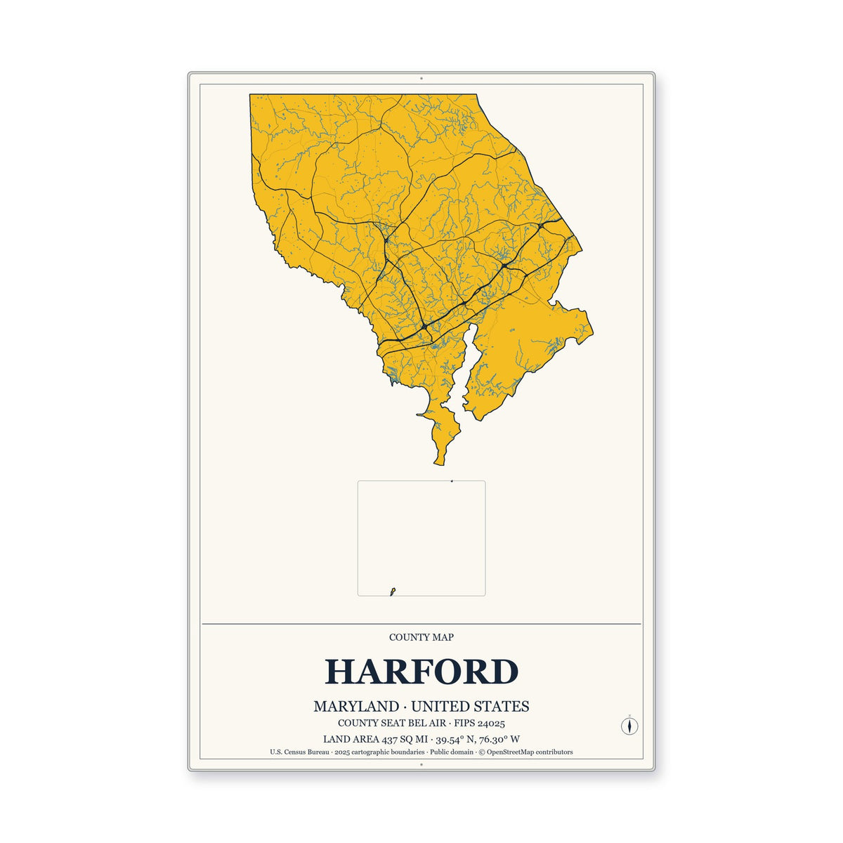 Harford County, Maryland Map Aluminum Sign in Citrine Modern style