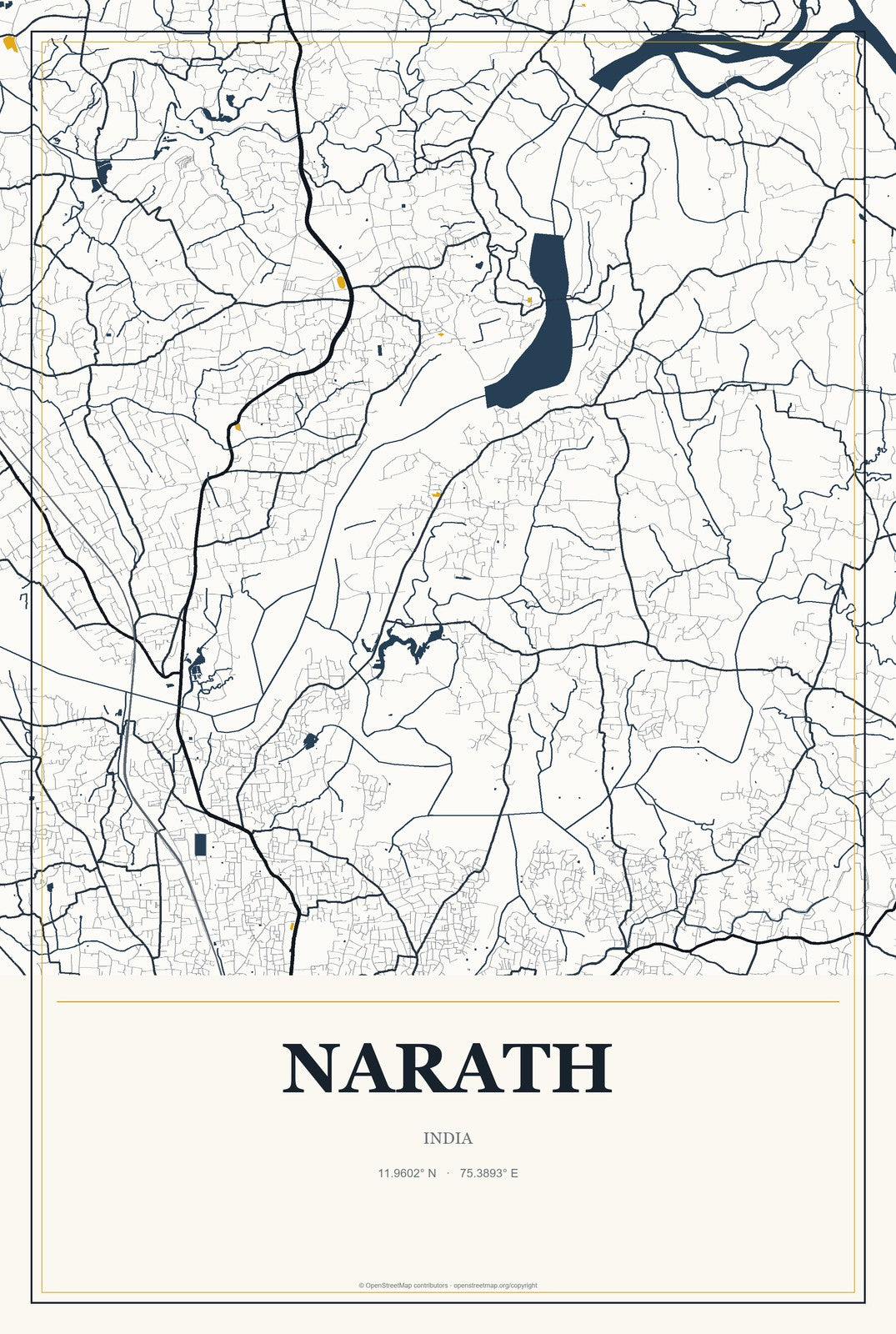 Narath, India City Map Aluminum Sign in Citrine Modern style