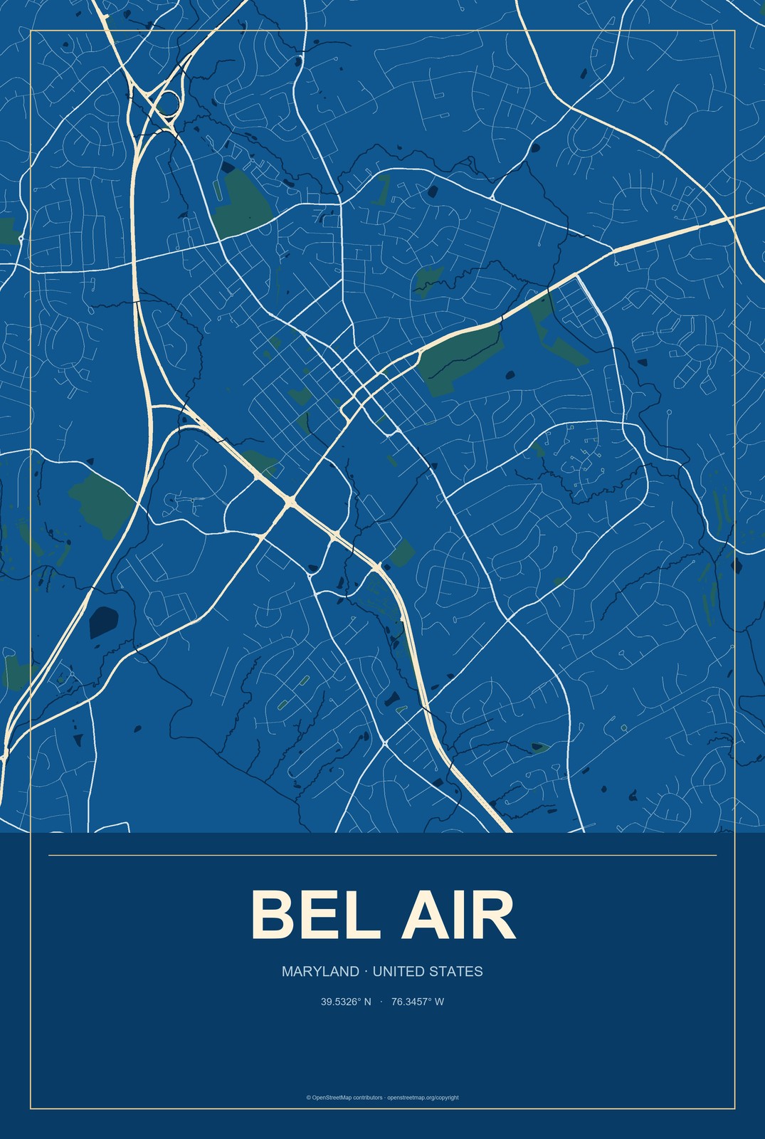 Bel Air, Maryland City Map Aluminum Sign in Harbor Cobalt style