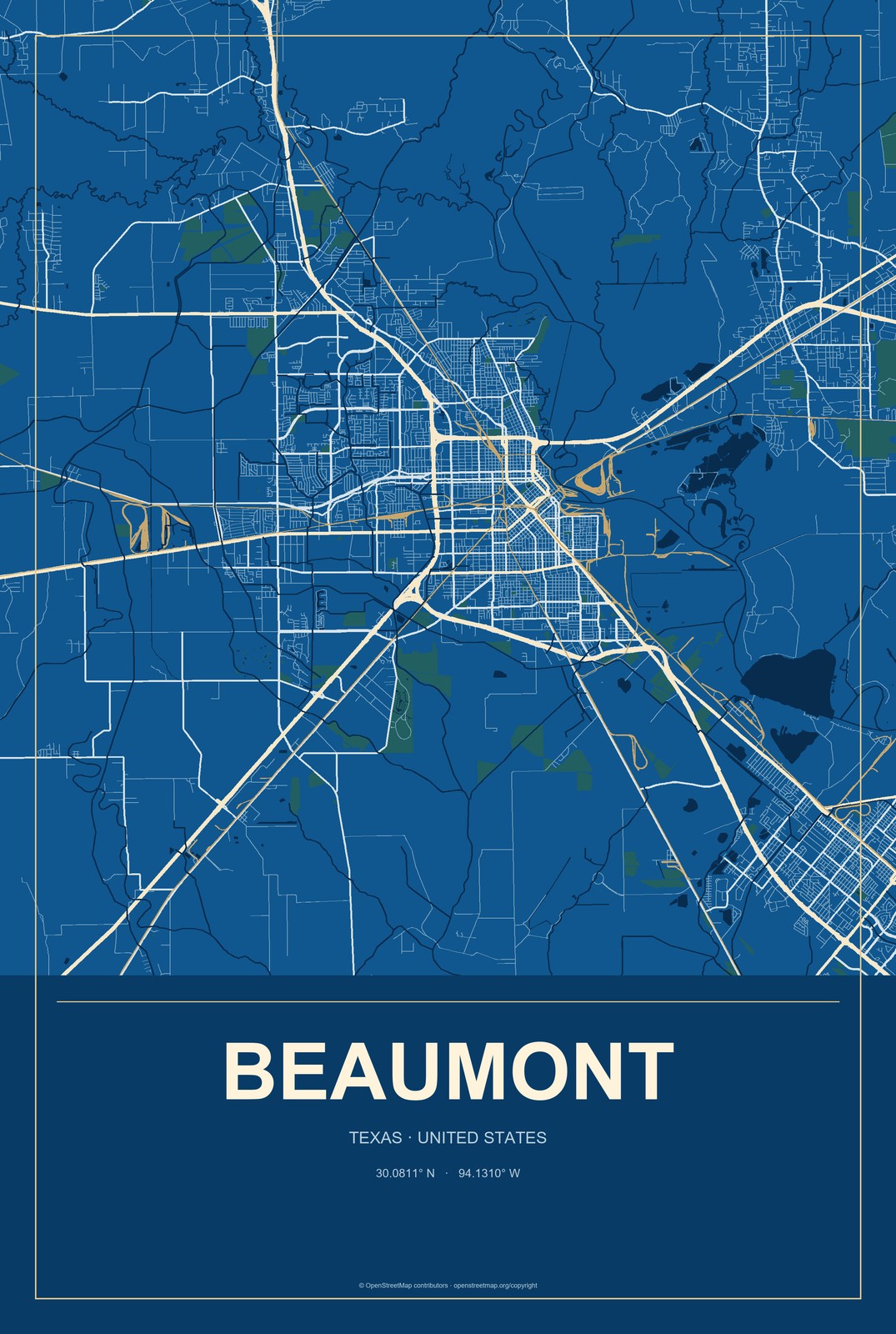 Beaumont, Texas City Map Aluminum Sign in Harbor Cobalt style