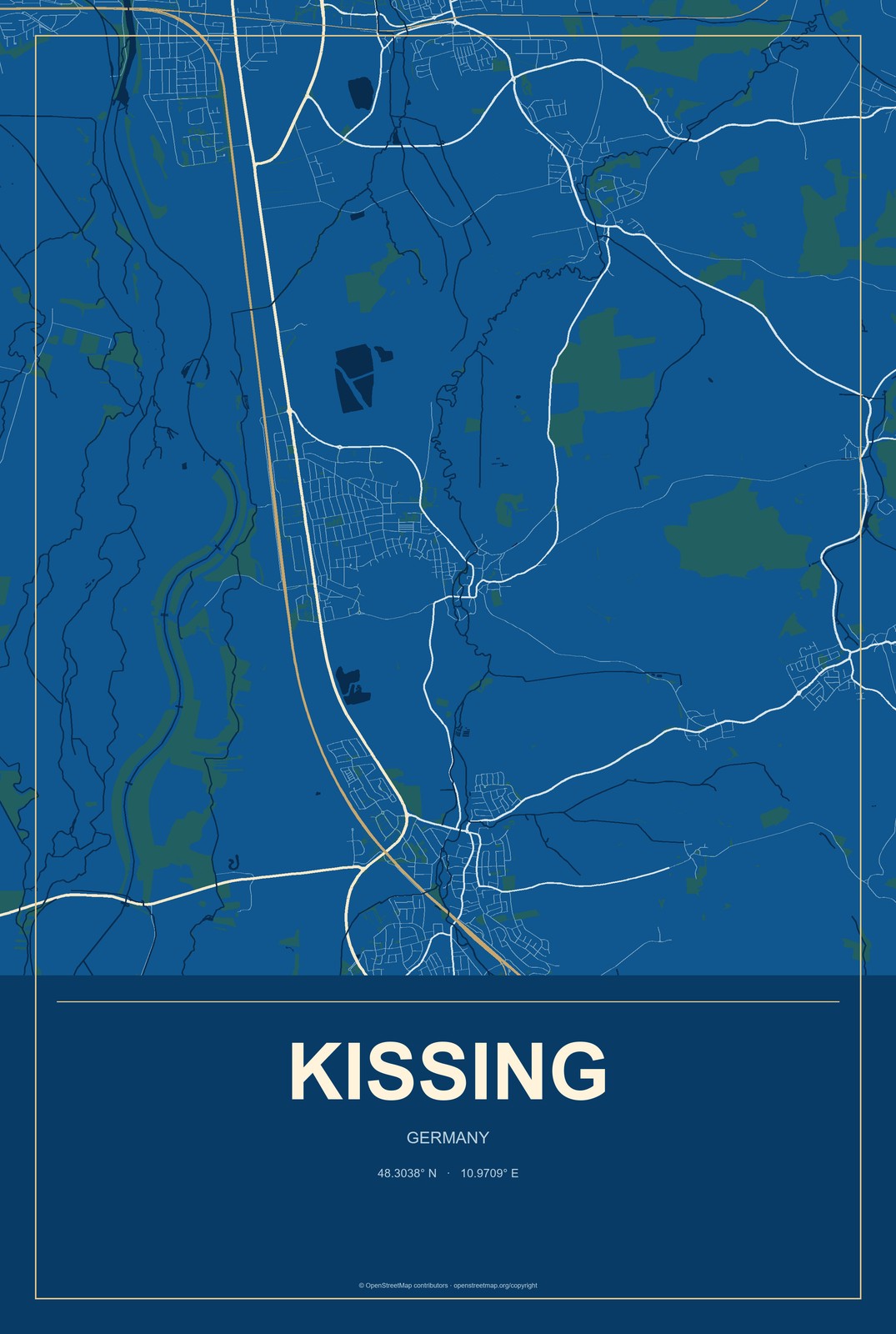 Kissing, Germany City Map Aluminum Sign in Harbor Cobalt style