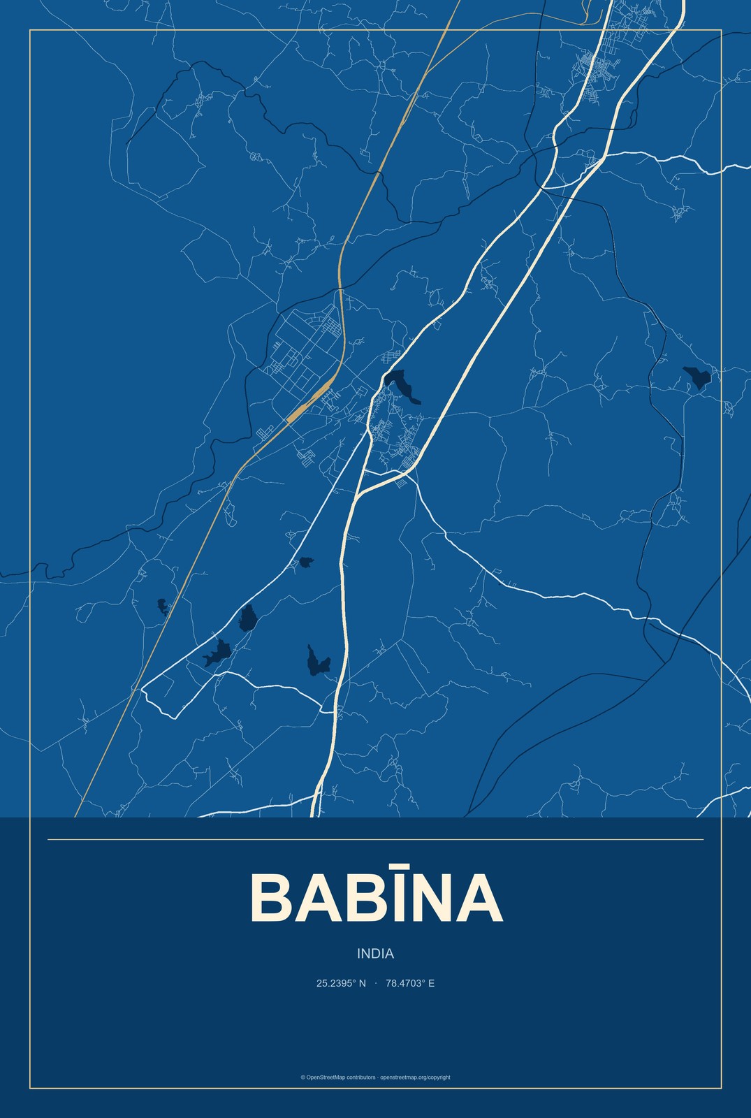 Babīna, India City Map Aluminum Sign in Harbor Cobalt style
