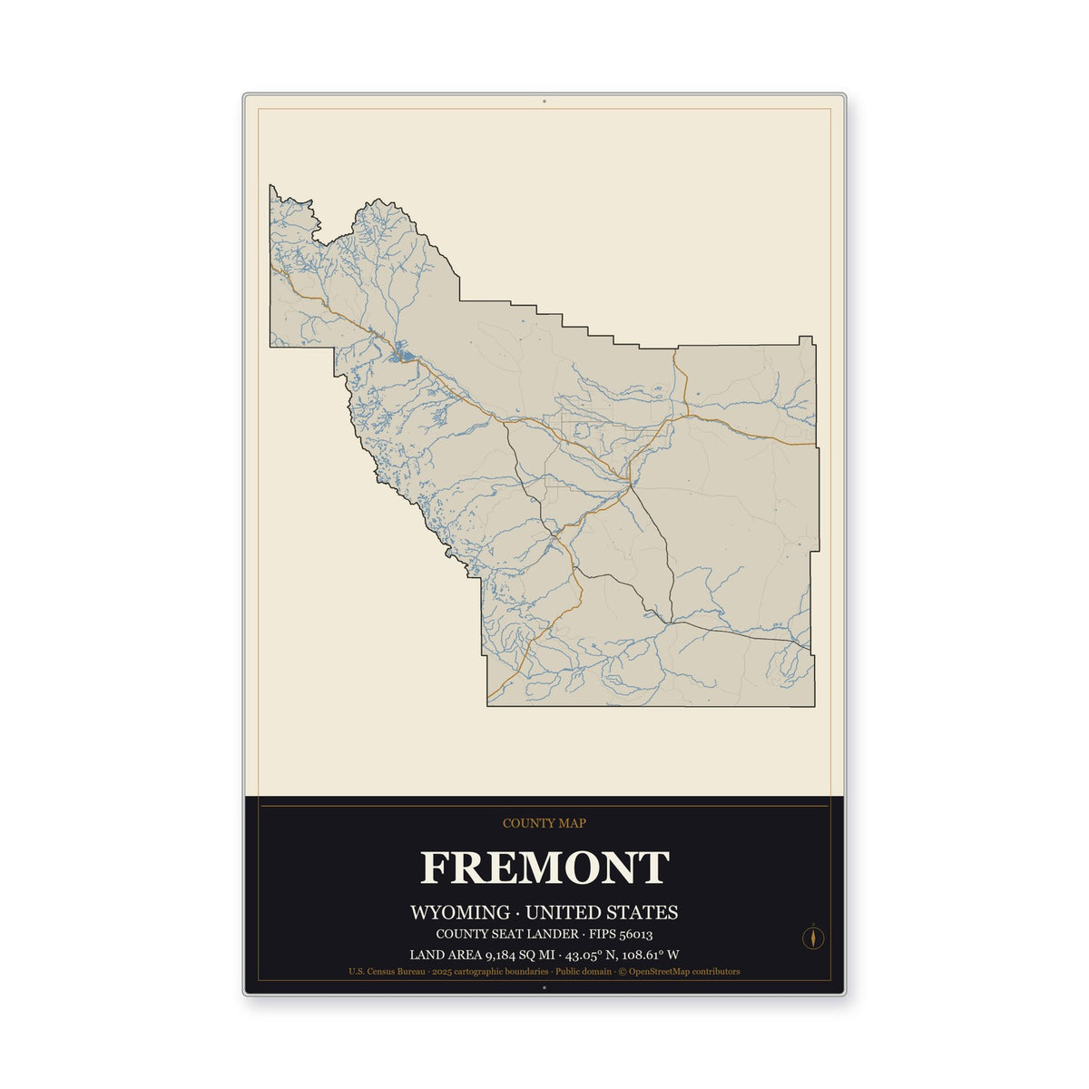 Fremont County, Wyoming Map Aluminum Sign in Museum Plaque style