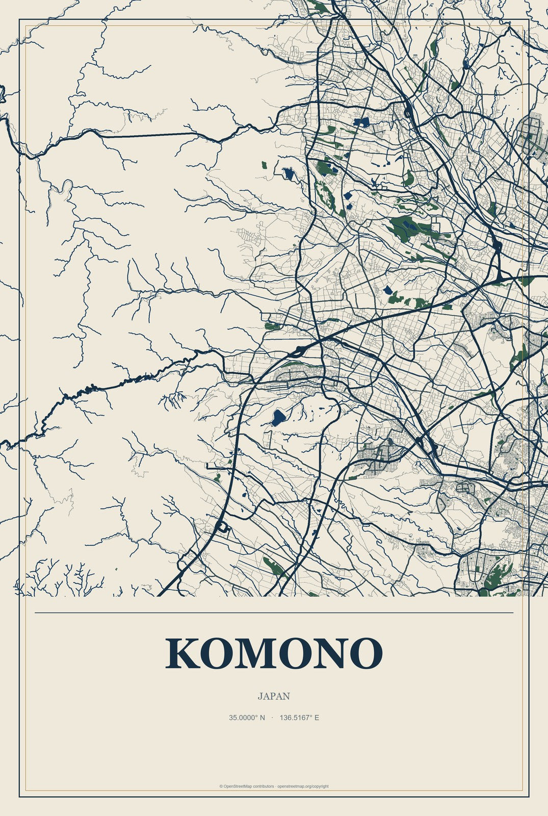 Komono, Japan City Map Aluminum Sign in Coastal Cutout style