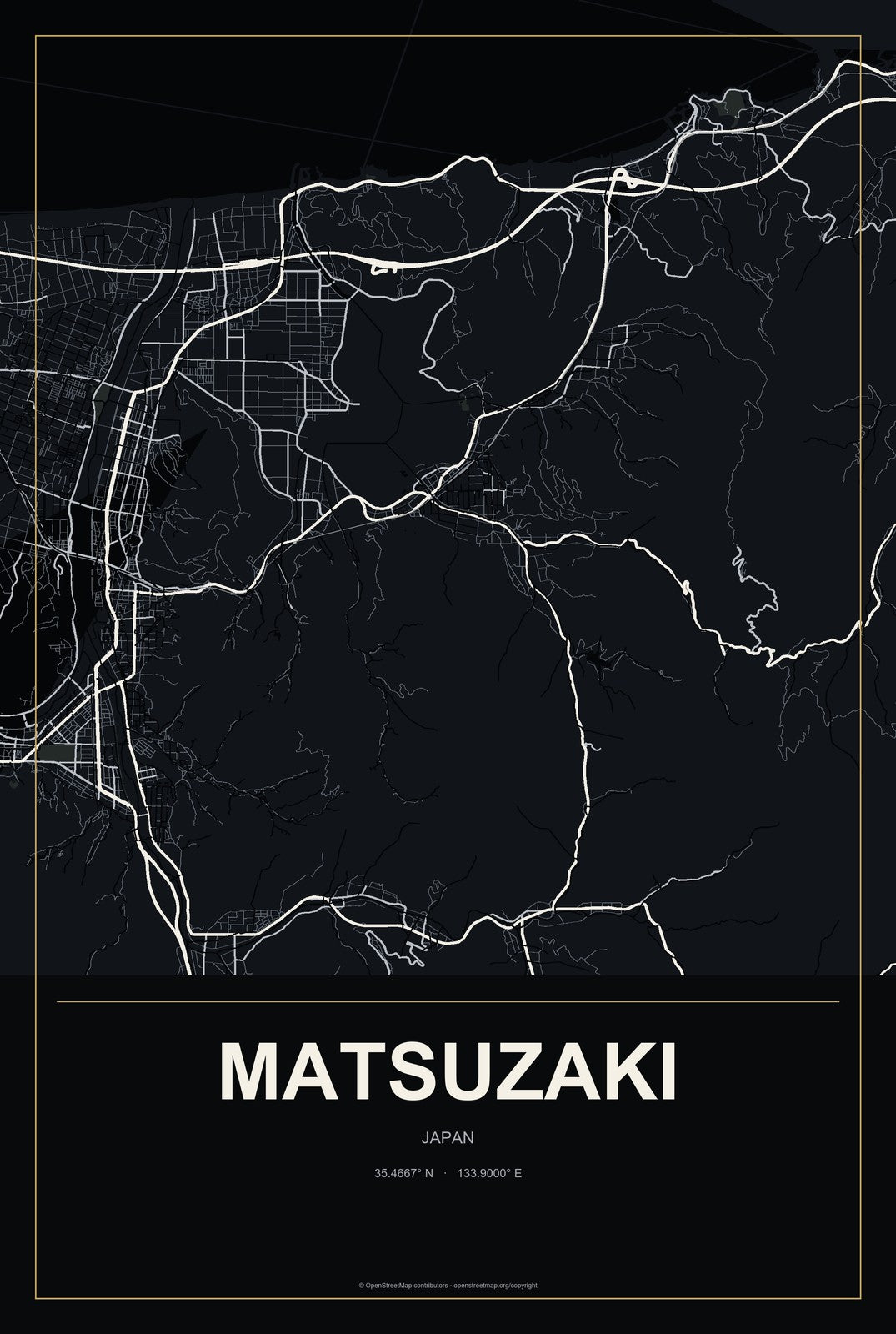 Matsuzaki, Japan City Map Aluminum Sign in Metropolitan Noir style