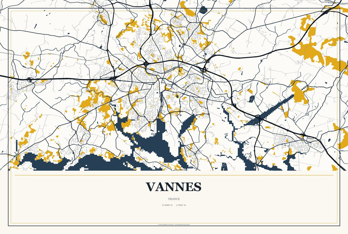 Vannes, France City Map Aluminum Sign in Citrine Modern style