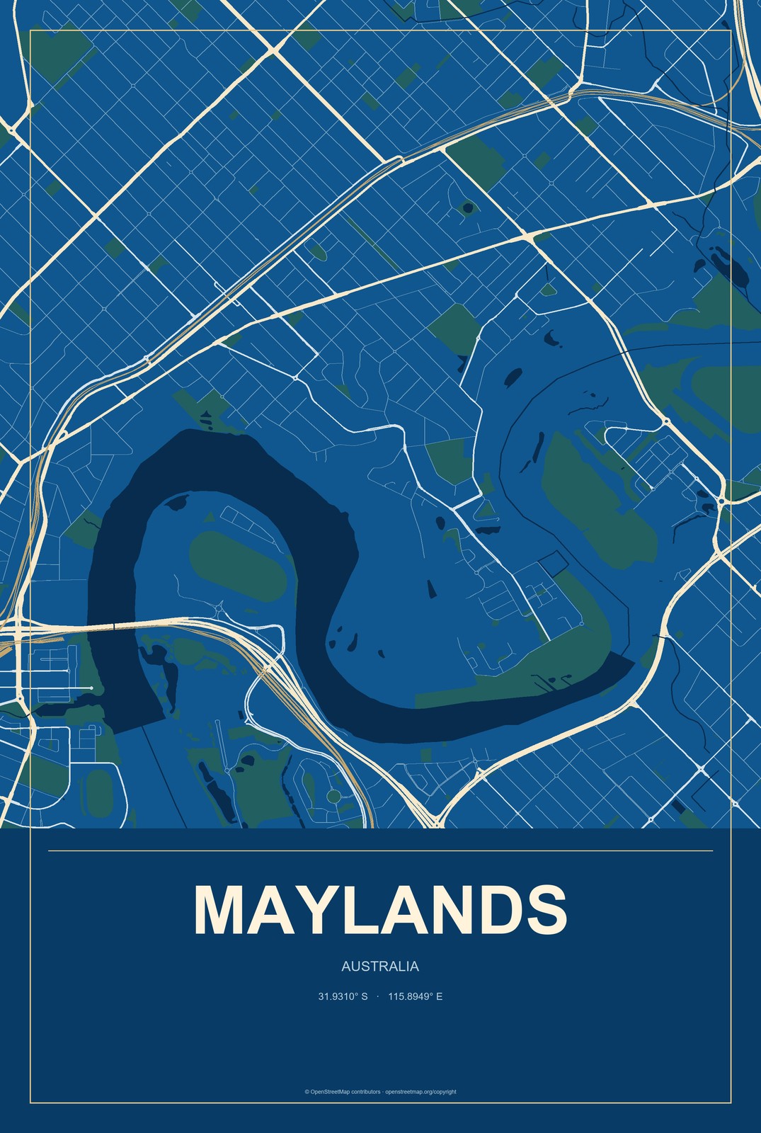 Maylands, Australia City Map Aluminum Sign in Harbor Cobalt style