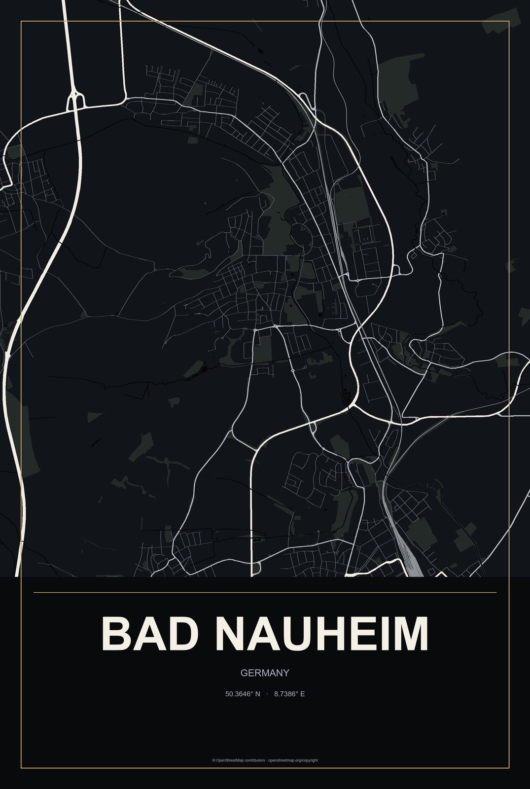 Bad Nauheim, Germany City Map Aluminum Sign in Metropolitan Noir style