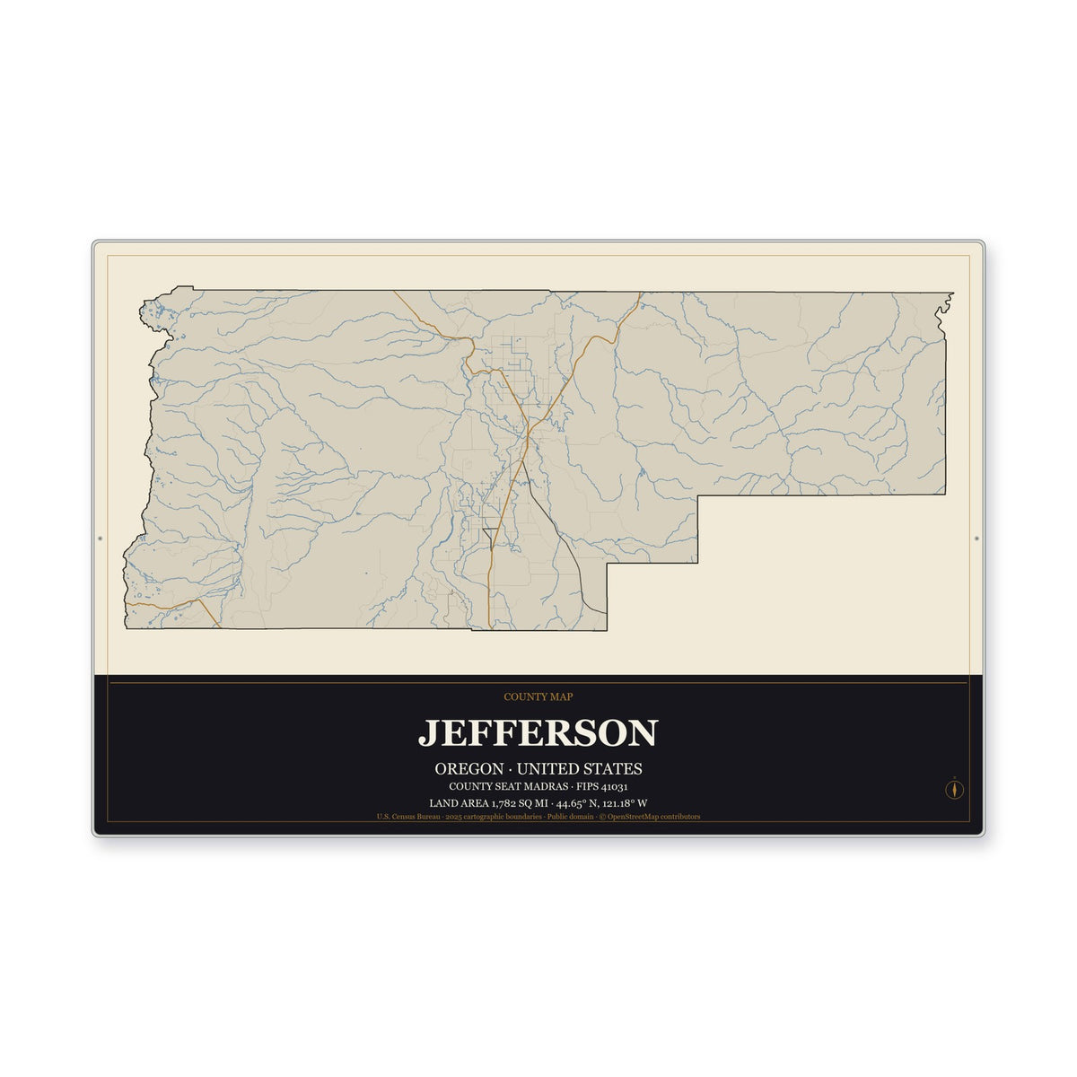 Jefferson County, Oregon Map Aluminum Sign in Museum Plaque style