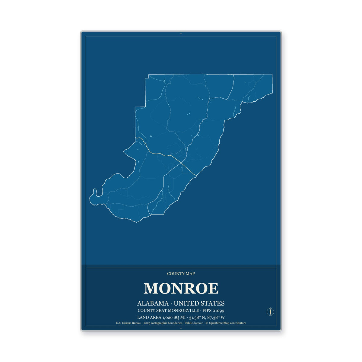Monroe County, Alabama Map Aluminum Sign in Harbor Cobalt style