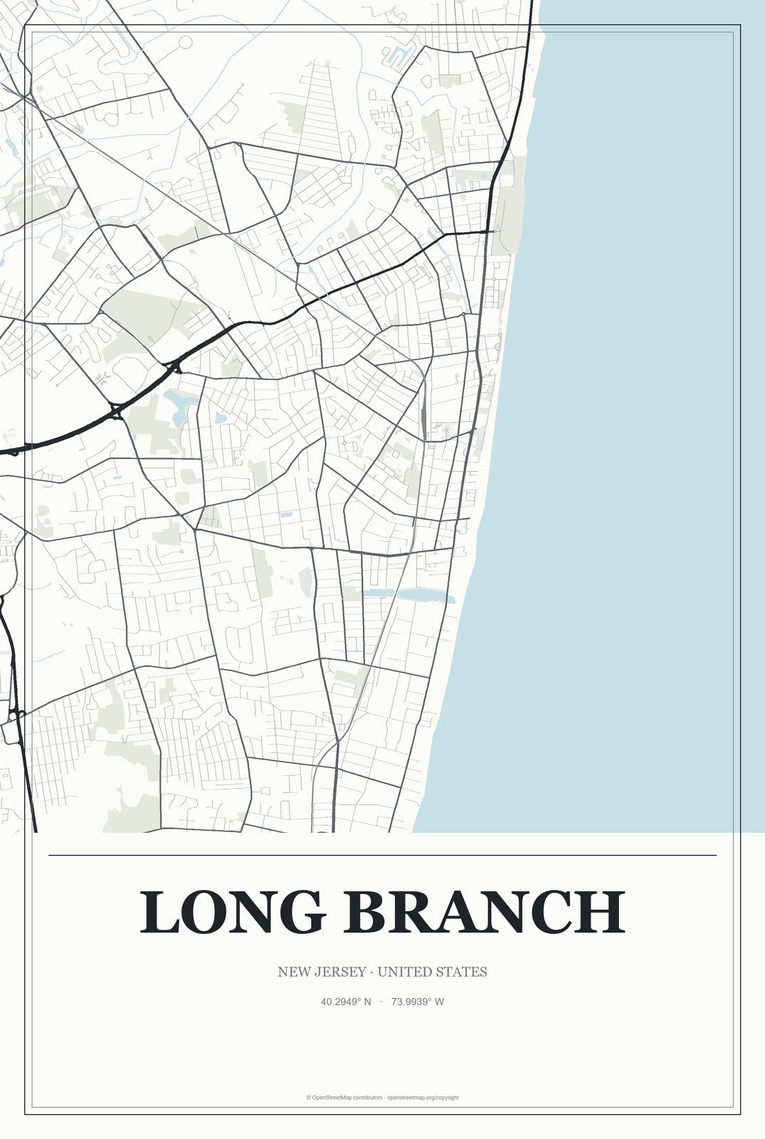 Long Branch, New Jersey City Map Aluminum Sign in Gallery Air style
