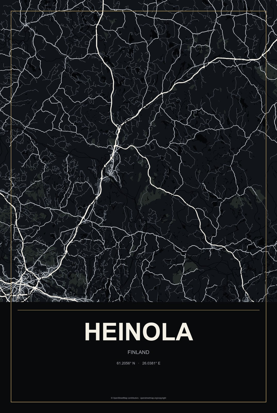 Heinola, Finland City Map Aluminum Sign in Metropolitan Noir style