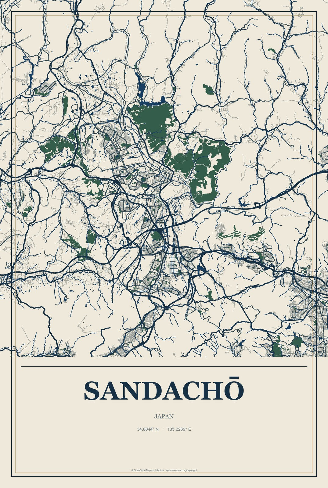Sandachō, Japan City Map Aluminum Sign in Coastal Cutout style