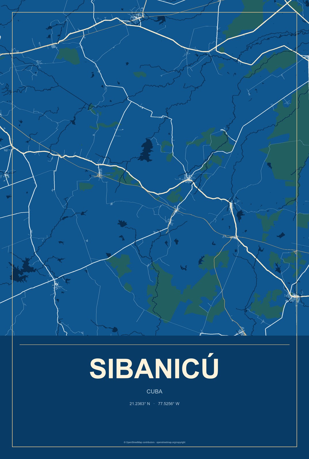 Sibanicú, Cuba City Map Aluminum Sign in Harbor Cobalt style