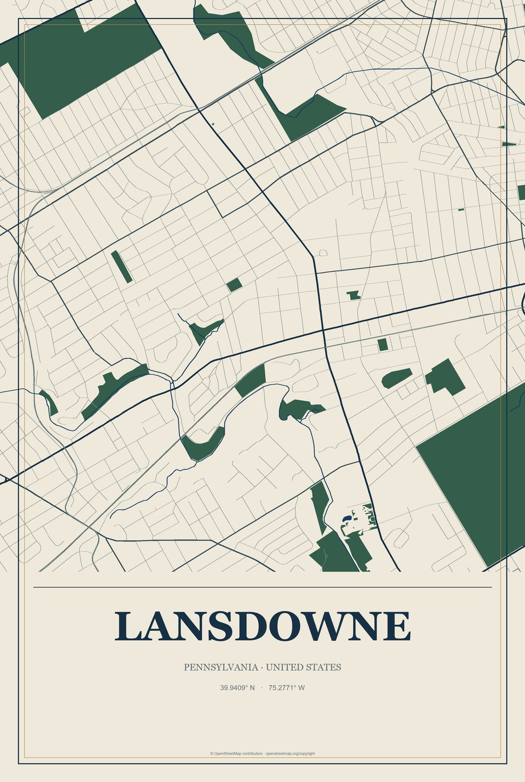 Lansdowne, Pennsylvania City Map Aluminum Sign in Coastal Cutout style