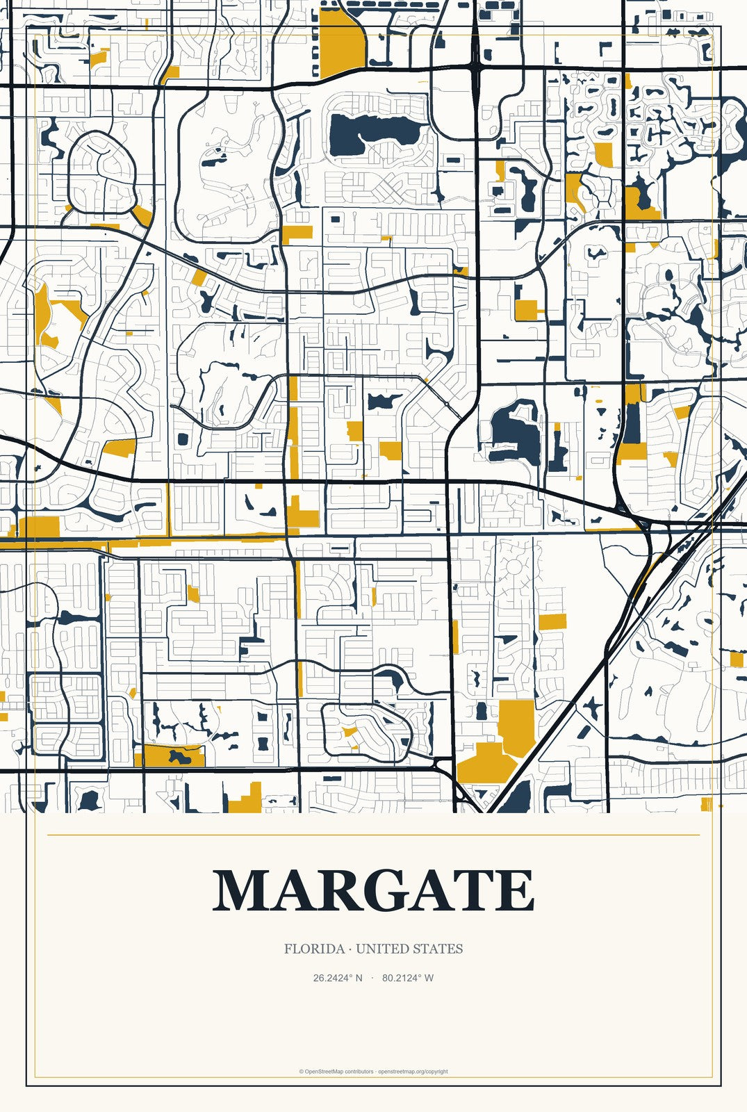 Margate, Florida City Map Aluminum Sign in Citrine Modern style
