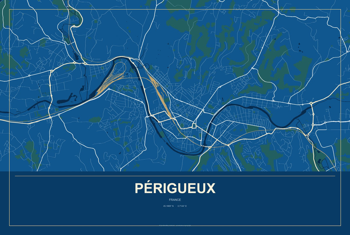 Périgueux, France City Map Aluminum Sign in Harbor Cobalt style