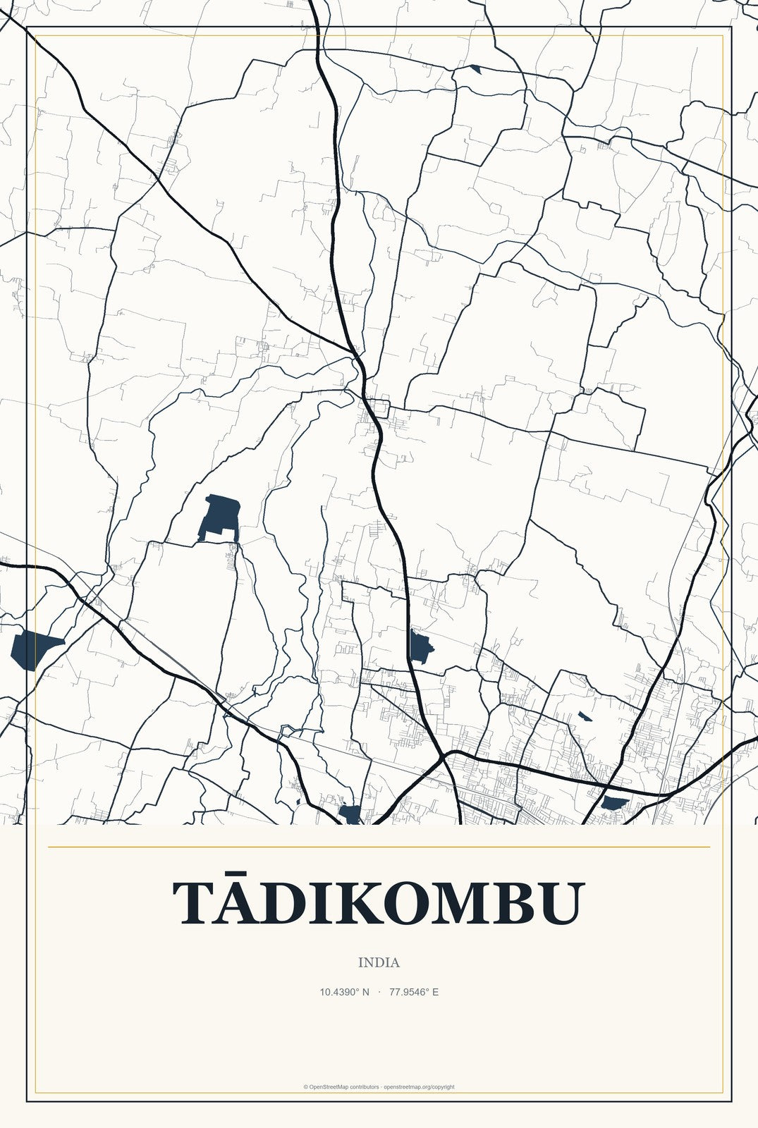 Tādikombu, India City Map Aluminum Sign in Citrine Modern style