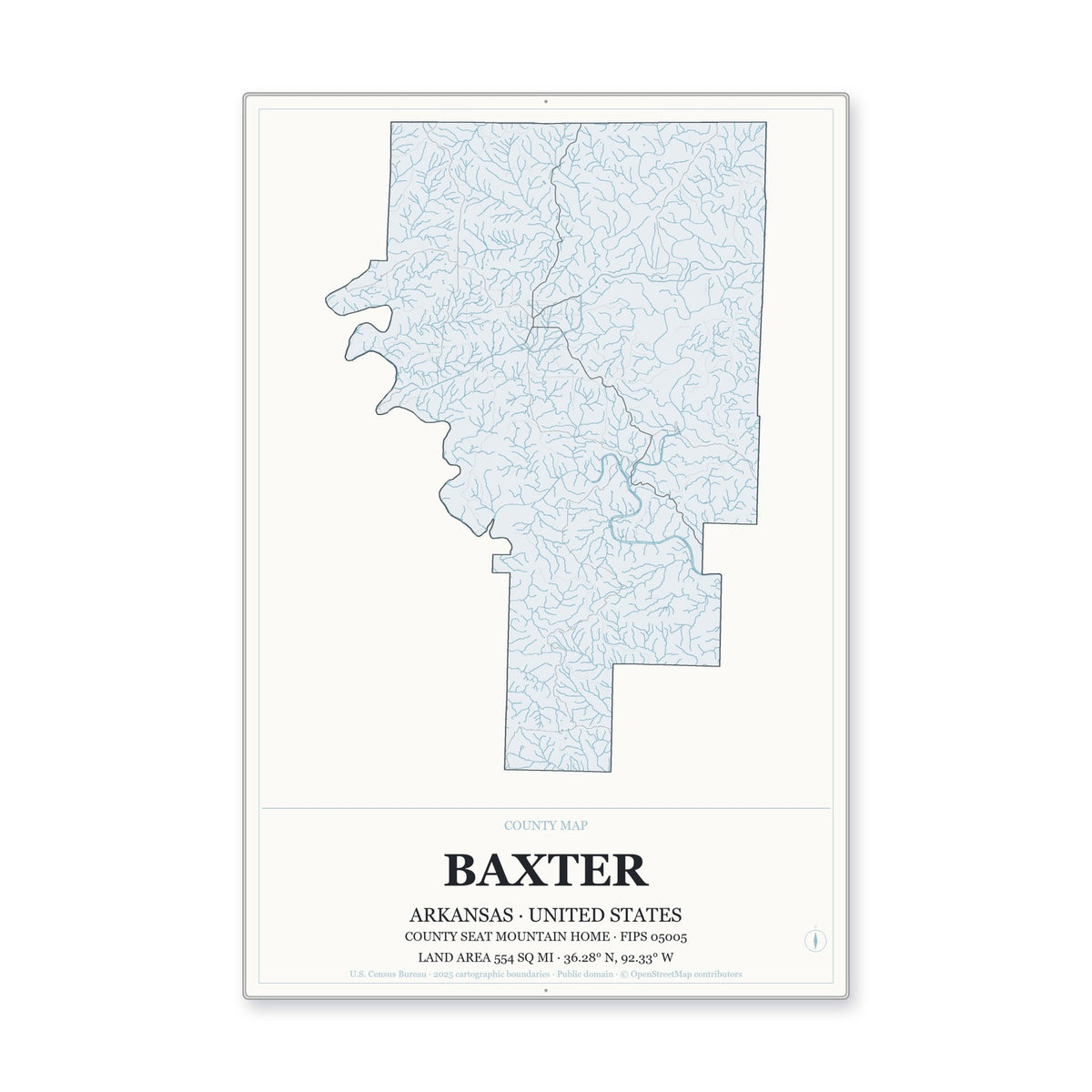 Baxter County, Arkansas Map Aluminum Sign in Gallery Air style