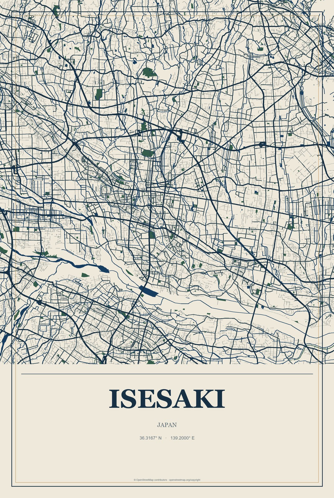 Isesaki, Japan City Map Aluminum Sign in Coastal Cutout style