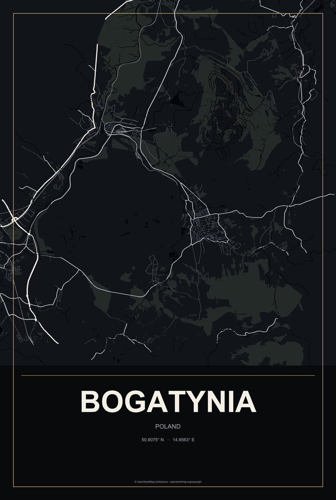 Bogatynia, Poland City Map Aluminum Sign in Metropolitan Noir style