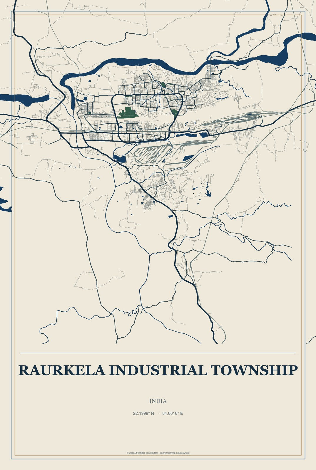 Raurkela Industrial Township, India City Map Aluminum Sign in Coastal Cutout style