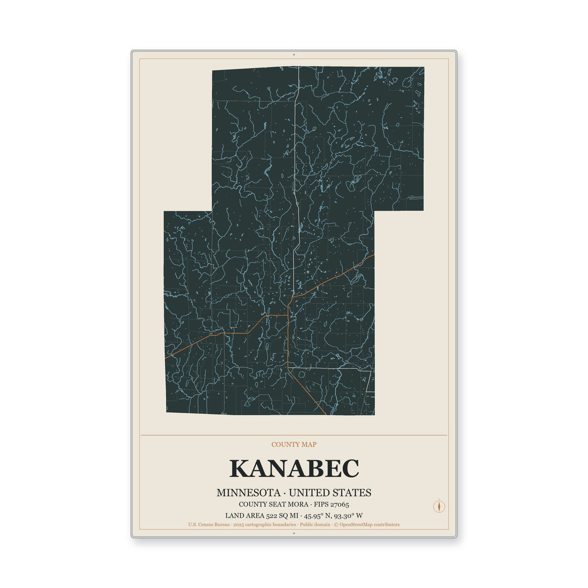 Kanabec County, Minnesota Map Aluminum Sign in Headline Atlas style