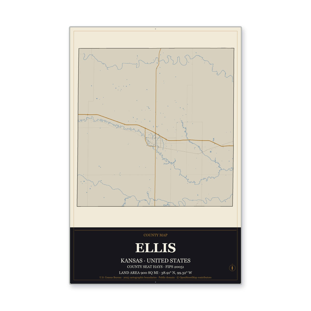 Ellis County, Kansas Map Aluminum Sign in Museum Plaque style