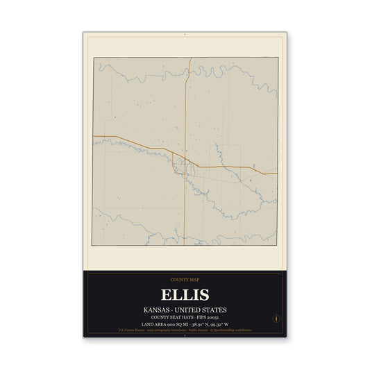 Ellis County, Kansas Map Aluminum Sign in Museum Plaque style