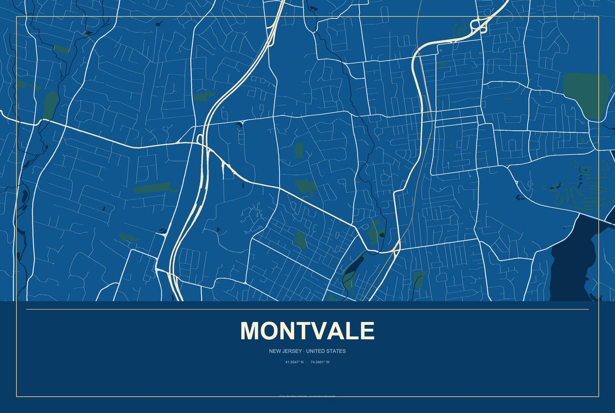 Montvale, New Jersey City Map Aluminum Sign in Harbor Cobalt style