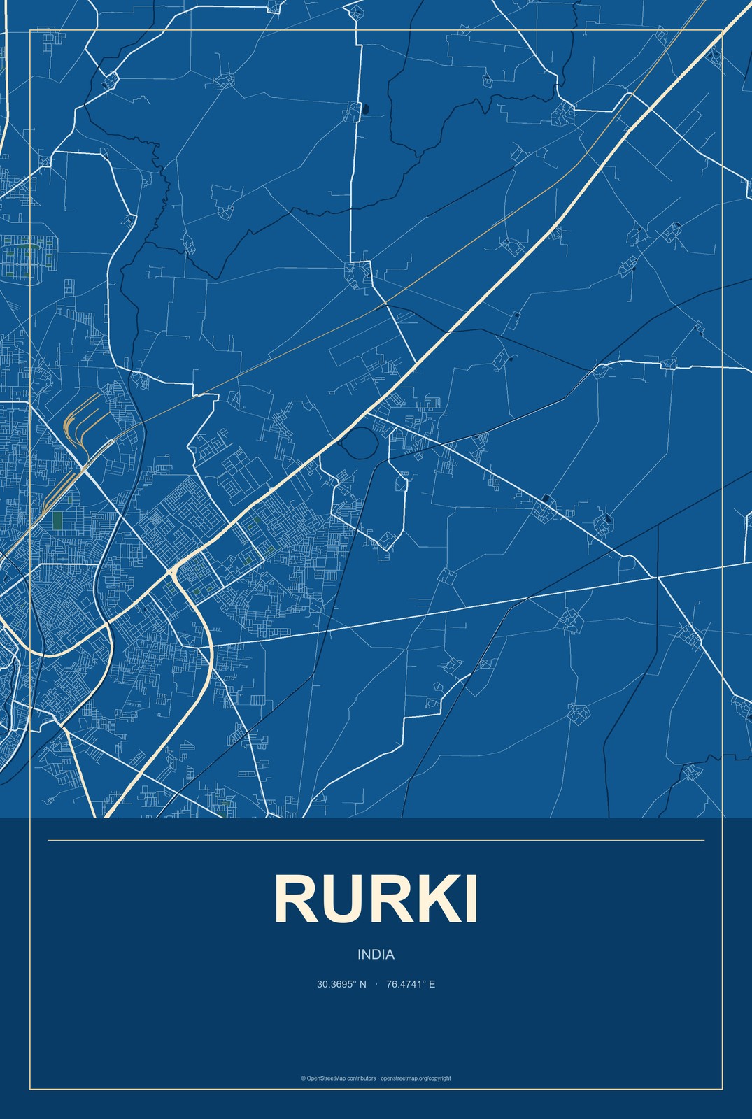 Rurki, India City Map Aluminum Sign in Harbor Cobalt style