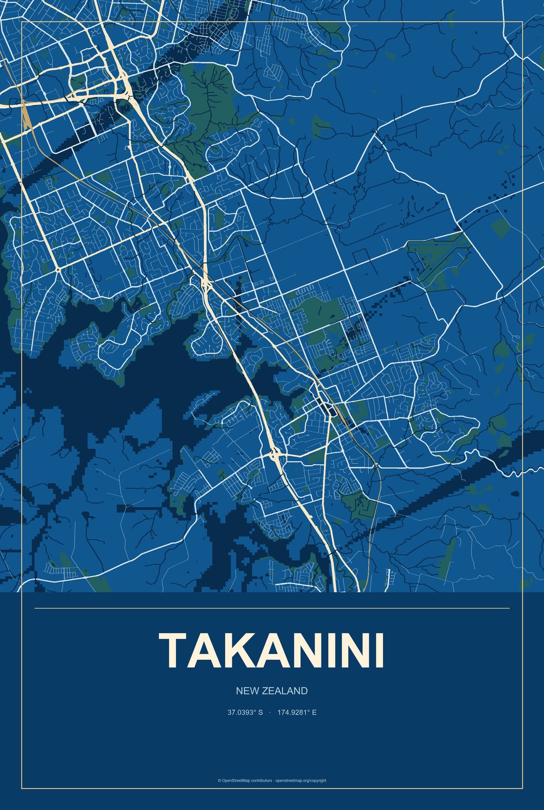 Takanini, New Zealand City Map Aluminum Sign in Harbor Cobalt style